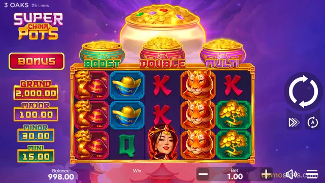 A slot game grid with Chinese-themed symbols including tigers, gold ingots, and a fortune lady, set against a purple background with a glowing jar of coins above the reels.