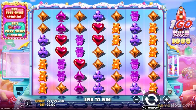 A candy-themed slot game shows a 7x6 reel grid filled with shiny symbols, with a rocket logo on the right and buy-in buttons on the left.