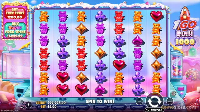 The screenshot shows a candy-themed slot game with a 7x7 grid filled with colorful gummy bears and card suit symbols, surrounded by a blue slot machine frame and candy decorations.