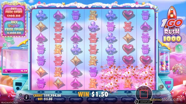 A candy-themed slot game with a 7-reel grid shows a win of $1.50, with a burst of pink and white candy particles erupting from the lower right area of the reels.