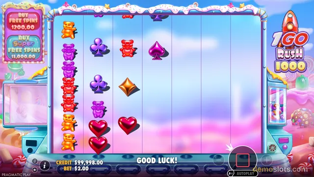 A candy-themed slot game with a 5x4 grid showing colorful symbols like gummy bears, hearts, and card suits.