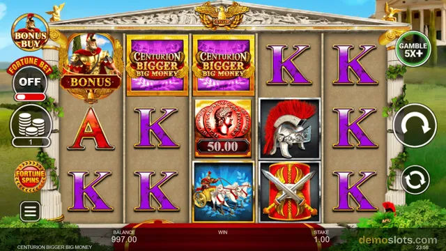 Screenshot of a slot game showing a 5x3 grid of Roman-themed symbols, with a balance of 997.00 and stake of 1.00 at the bottom.