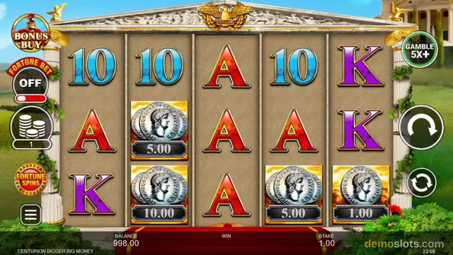 A 5x3 slot grid with Roman-themed symbols, showing a settled spin with coin symbols carrying payout values.