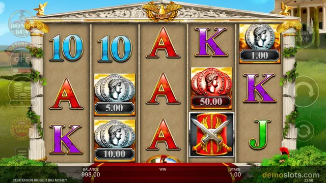 A slot game grid with a classical Roman temple background shows five reels with symbols including 10, A, K, J, and coins.