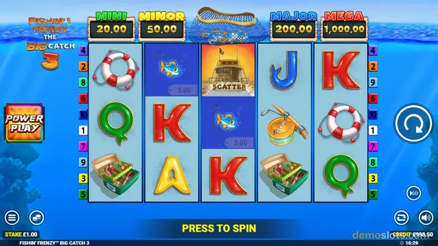 A 5-reel slot game titled Fishin' Frenzy Big Catch 3 shows a fishing-themed grid with symbols like a lifebuoy, fishing boat scatter, fish, and playing cards.