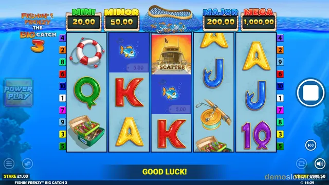 A 5-reel slot game grid with fishing-themed symbols and jackpot values above, with a GOOD LUCK message at the bottom.