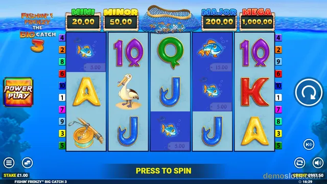 A 5x3 slot game grid with fishing-themed symbols and a blue underwater background.