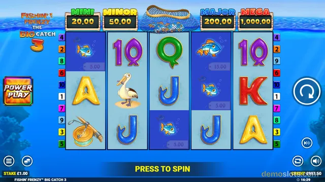 A 5-reel, 3-row slot game titled Fishin' Frenzy The Big Catch 3 shows a grid of symbols including fish, a pelican, a fishing rod, and playing card letters, with jackpot values displayed above and a PRESS TO SPIN button at the bottom.