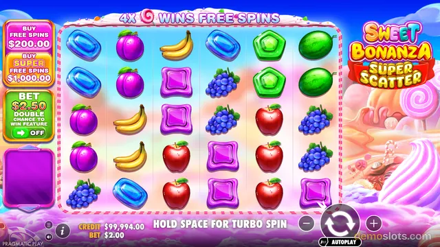 A fully rendered slot machine screen for Sweet Bonanza Super Scatter showing a 6x5 grid of fruit and candy symbols.