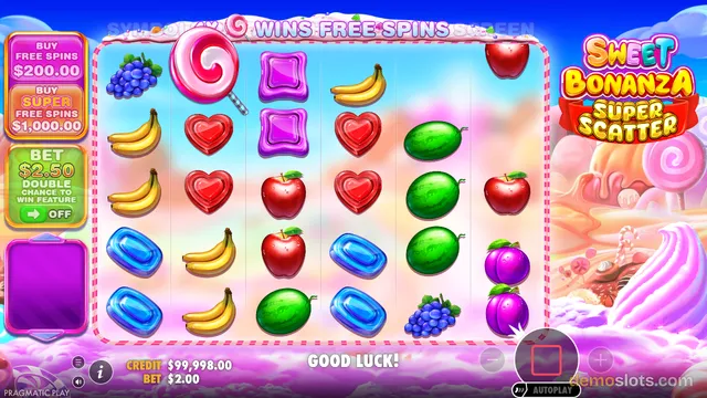 A 5x5 slot game grid filled with candy-themed symbols including fruits, lollipops, and candies, set against a pastel background.