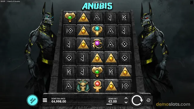 A dark-themed slot game screen titled 'Hand of Anubis' featuring a 5x6 grid of symbols on a stone structure flanked by two Anubis figures.