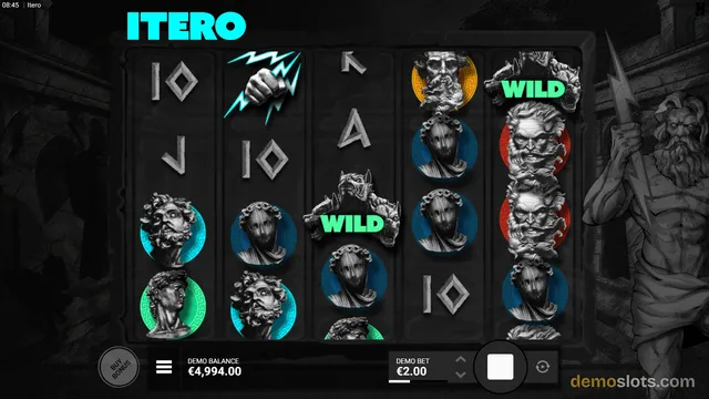 A Greek-themed slot game named ITERO displays a 5-reel grid with stone statues and playing card symbols on a dark background.
