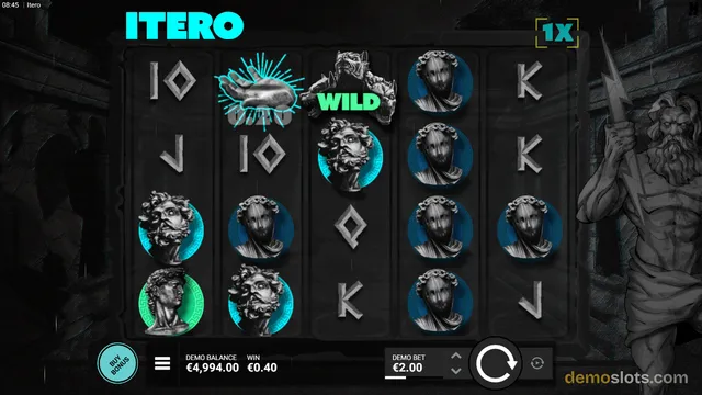 A dark-themed slot machine interface showing a 5x4 grid of Greek-themed symbols including stone heads, a gorgon, a lightning bolt, and a wild symbol.