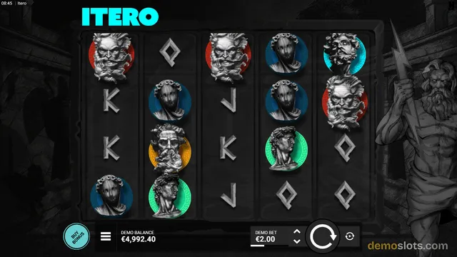 A 5x4 video slot game grid titled ITERO showing Greek-themed stone busts and playing card symbols against a dark stone background.