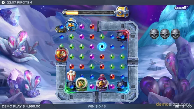 A brightly rendered slot game featuring cartoon penguins and gems inside a metal frame against a snowy, crystalline background.