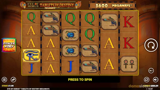 A settled 6-reel slot grid with Egyptian-themed symbols, showing the game title Eye of Horus Tablets of Destiny Megaways and a 3600 Megaways indicator.