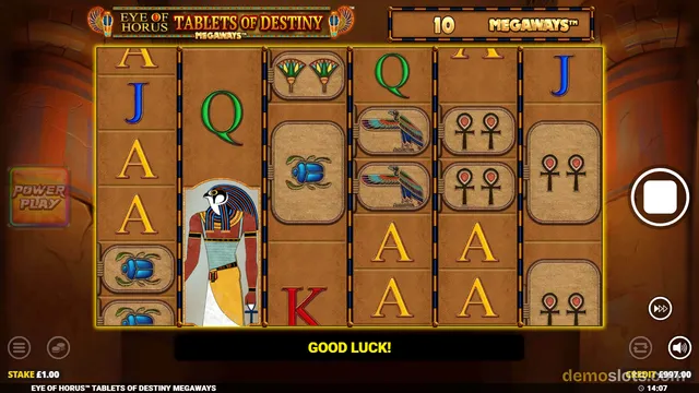 A settled Megaways slot game grid with Egyptian-themed symbols, a 10 Megaways indicator above, and a 'GOOD LUCK!' message below.