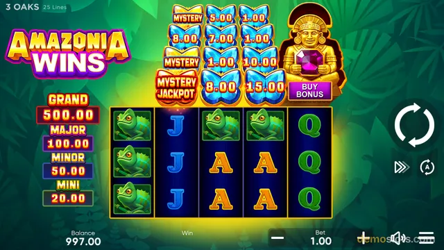 A fully rendered slot game grid showing frogs, letter symbols, a golden statue with a BUY BONUS button, and a cluster of blue butterfly symbols above the reels.