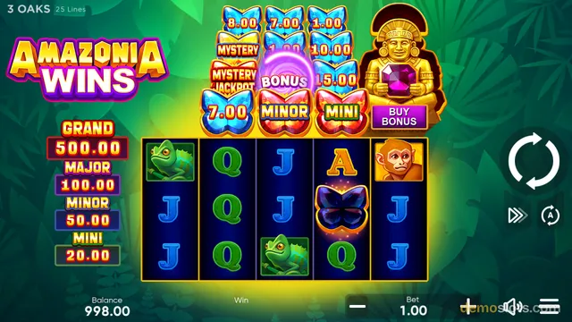 A 5x3 slot game grid titled AMAZONIA WINS displays a mix of jungle animals and playing card symbols, with jackpot ladders and a buy bonus option visible.
