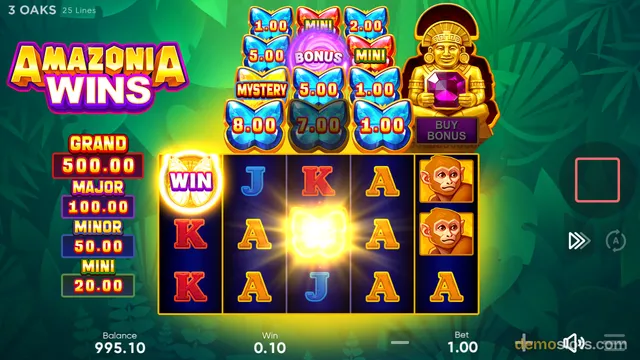 A bright slot game screen titled 'Amazonia Wins' shows a 5x3 reel grid with jungle-themed symbols and a glowing butterfly bonus symbol in the center.