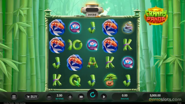 A 5x4 slot game grid displaying bamboo-themed symbols and goldfish against a green bamboo forest background.