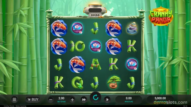 A settled 5x4 slot game grid displaying bamboo-themed symbols against a green bamboo forest background, with a score of 150 shown at the top and a bet of 2.00 in the bottom control bar.