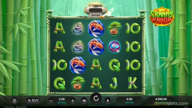 A 4-row by 5-column video slot screen featuring bamboo-themed symbols and a koi fish set against a green forest background.