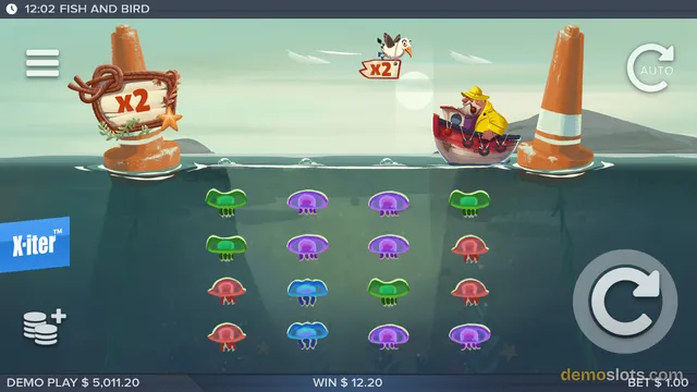 Slot game screenshot showing an underwater-themed grid with jellyfish symbols and a fisherman in a boat above the reels.