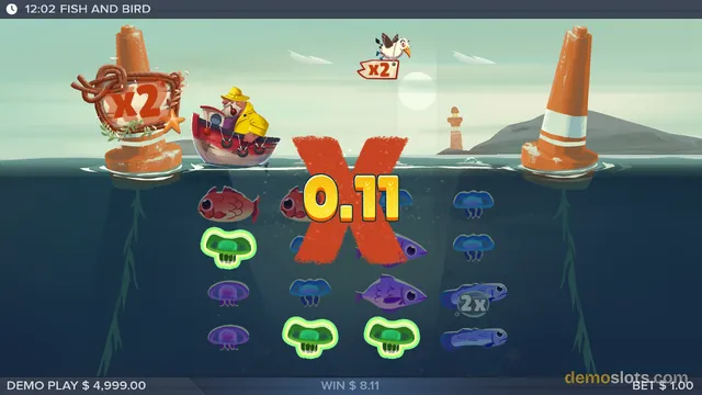 A slot game titled Fish and Bird shows a fishing-themed underwater scene with a win of 0.11 displayed behind a large red X, and a win of 8.11 at the bottom.