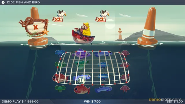 A fishing-themed slot game shows a grid of fish symbols suspended in water beneath a boat, with a fisherman in a yellow coat and two seagulls holding x2 multiplier signs above.