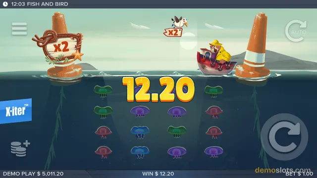 A slot game titled FISH AND BIRD shows a win of 12.20 on a 5x4 underwater grid with jellyfish symbols, a fisherman in a boat, and multipliers.
