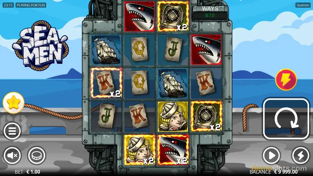 A screenshot of a 5x4 video slot game titled Seamen, showing a settled grid with winning symbols highlighted and a total of 672 ways displayed.