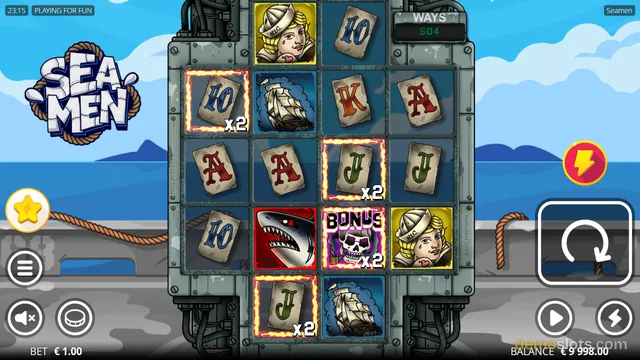 A screenshot of the 'Seamen' slot game showing a 5x5 grid of symbols including playing cards, a ship, a shark, a skull, and a woman, set against a backdrop of a ship deck and the ocean.