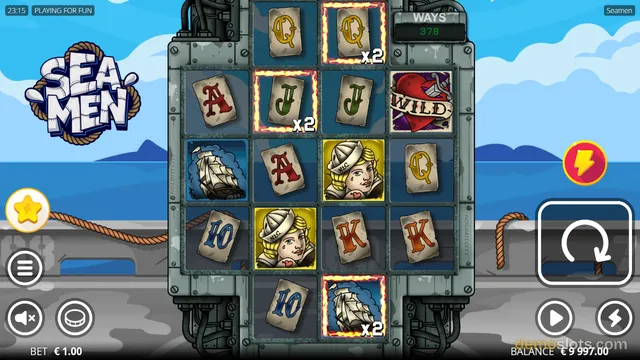 A screenshot of the Seamen slot game by Nolimit City showing a 5x4 grid of symbols on a ship's deck with a blue sky background.
