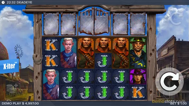 A 5x5 slot game grid showing western-themed characters and symbols, with a top row of blank cards.