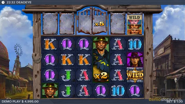 A 5x6 slot game grid titled DEADEYE shows western-themed symbols including character portraits, card letters, and WILD tiles, with a multiplier indicator above the reels.