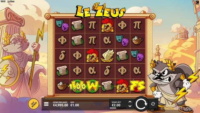 A fully rendered slot game screen showing a 5x5 grid with Greek-themed symbols, flanked by cartoon wolf characters in Greek warrior attire.