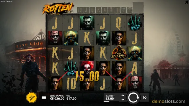 A screenshot of the 'Rotten' slot game showing a 5x5 grid of symbols with a win line highlighted across the bottom row and a win amount of 15.00 displayed.