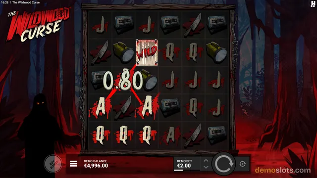 A 6x6 slot grid titled The Wildwood Curse shows a 0.80 win with a red crossed-out line, surrounded by dark forest and a hooded figure on the left, with demo balance and bet displayed at the bottom.