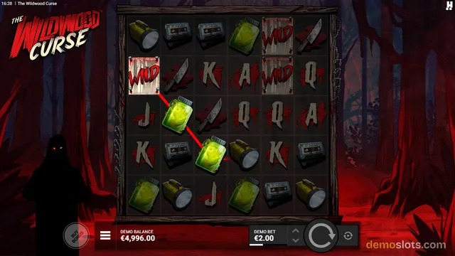 A 6-reel slot game grid titled The Wildwood Curse shows a winning line of glowing green jars with a red payout line, surrounded by horror-themed symbols like knives, flashlights, and cassette tapes.