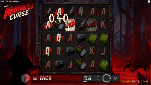 A slot game titled The Wildwood Curse shows a 5x5 grid with a 0.40 win, wild symbols, and various horror-themed icons over a dark red forest background.