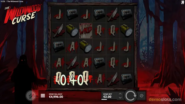 A 6x4 slot grid titled The Wildwood Curse shows a winning payout of 40.40 with symbols like knives, cassette tapes, flashlights, and wilds on a dark red forest background.