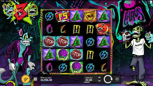 A 5x5 slot grid with graffiti-style symbols and two cartoon characters flanking it, set against a dark neon cityscape.