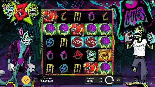 A 5x4 slot game titled Chaos Crew 3 shows a fully rendered base game grid with colorful cartoon symbols and a dark graffiti-style background.