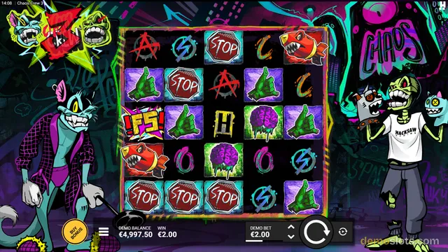 A 5x4 slot game grid is fully rendered against a graffiti-covered dark background, with cartoon characters standing on either side and a spin button below.