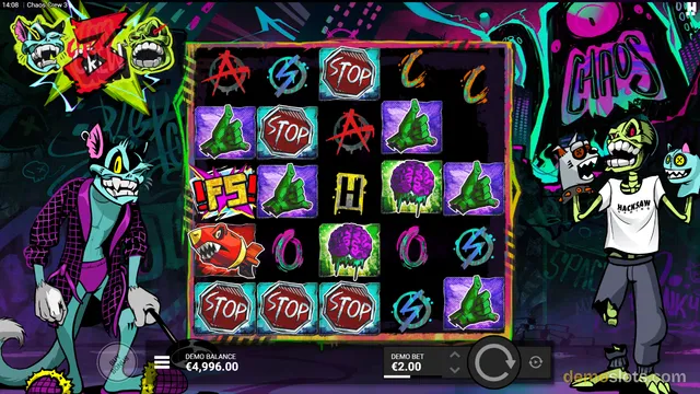 A 5x4 slot game grid with graffiti-style symbols is shown, flanked by two cartoon characters in a neon urban setting.