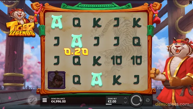 A 5x4 slot game grid titled Tiger Legends is fully rendered with a win of 0.20 shown, displaying letter symbols and a monkey character icon, with a tiger mascot in a red robe on the right.