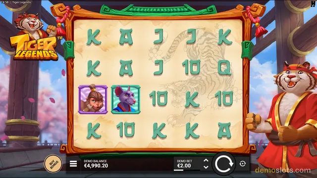 Tiger Legends slot game shows a 5x4 grid of symbols with a settled base game state, featuring a tiger mascot and a wooden frame with Asian architecture in the background.