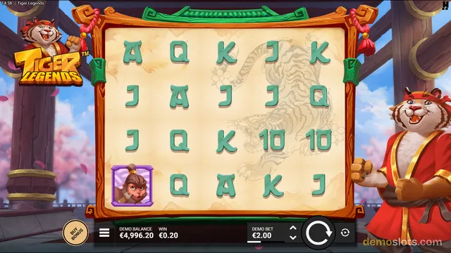 A 5x4 slot grid titled Tiger Legends shows a mix of green letter symbols and one monkey character symbol, with a tiger mascot character on the right and a buy bonus button at the bottom left.