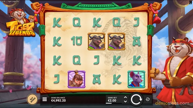 A 4-row, 5-column slot game grid titled Tiger Legends shows a base game spin with no win, featuring letter symbols and three character symbols.